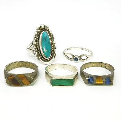 Four Ladies Sterling Silver Rings, Turquoise, Tiger Eye, Lapis and Tiger Eye, Malachite and Small Sapphire