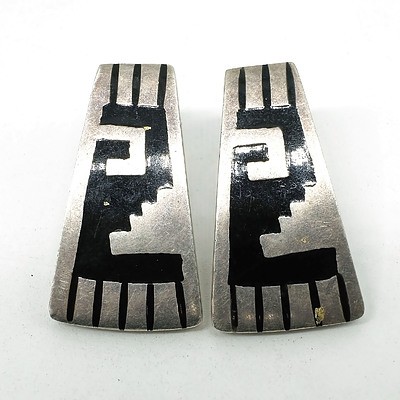 Mexican Silver and Onyx Inlaid Earrings