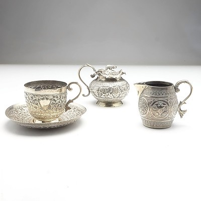 Antique Indian Silver Teapot, Sugar Bowl and Creamer Jug