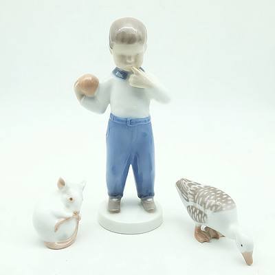 Three Danish B&G Porcelain Figures Including Boy With Ball, Duck and Mouse