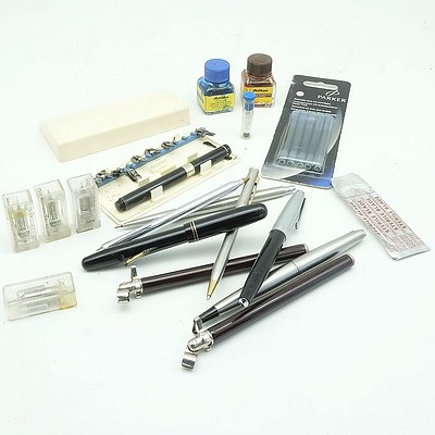 Group of Fountain and Calligraphy Pens, Including Parker, Swan, and More