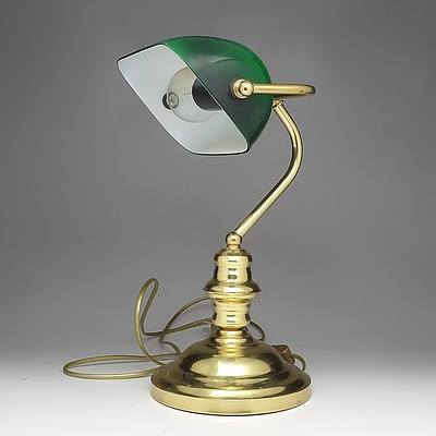Vintage Brass And Green Glass Bankers Lamp