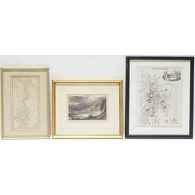 Antique Hand Coloured Topographical Plan Of Cambridge, An Antique Chromolithograph, And A Framed Antique Military Lithograph