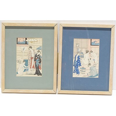 Four Japanese Reproduction Woodblock Prints Ladies Bath House Scenes, 20th Century