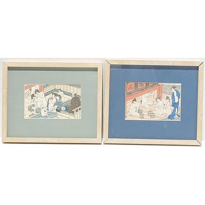 Four Japanese Reproduction Woodblock Prints Ladies Bath House Scenes, 20th Century