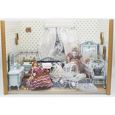 Maureen Caelli Designed Doll Story Box "A Room for Baby and Me" and Two Porcelain Dolls