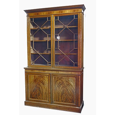 Impressive Sheraton Revival Inlaid Mahogany Bookcase with Astragal Glazing and Dentil Moulded Cornice Circa 1900