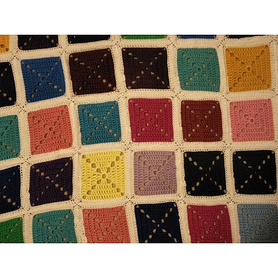 Hand Crotcheted Multi-Coloured Squares Double Bed Blanket