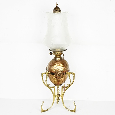 Art Nouveau Style Banquet Lamp with English Duplex Burner and Mould Blown Frosted Glass Shade Circa 1920