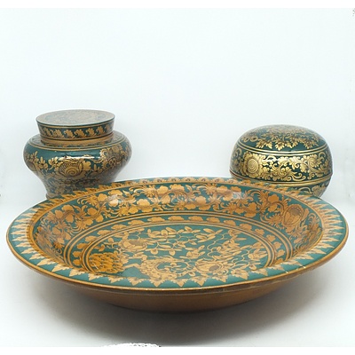 Group of South East Asian Lacquer Ware and a Woven basket