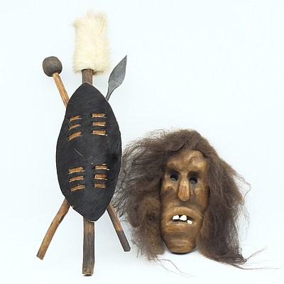 Small African Shield and Spear, Facemask and a Indonesian Wayang Golek Puppet