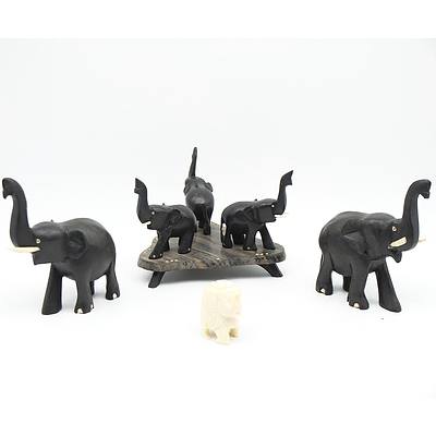 Group of Carved Ebony Elephants and Another Small Ivory Elephant