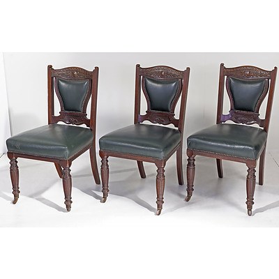 Six Edwardian Walnut Dining Chairs with Dark Green Leather Upholstery, Early 20th Century