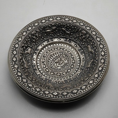 Balinese Repousse Silver Bowl with Centralized Image of Barong and Hindu Imagery