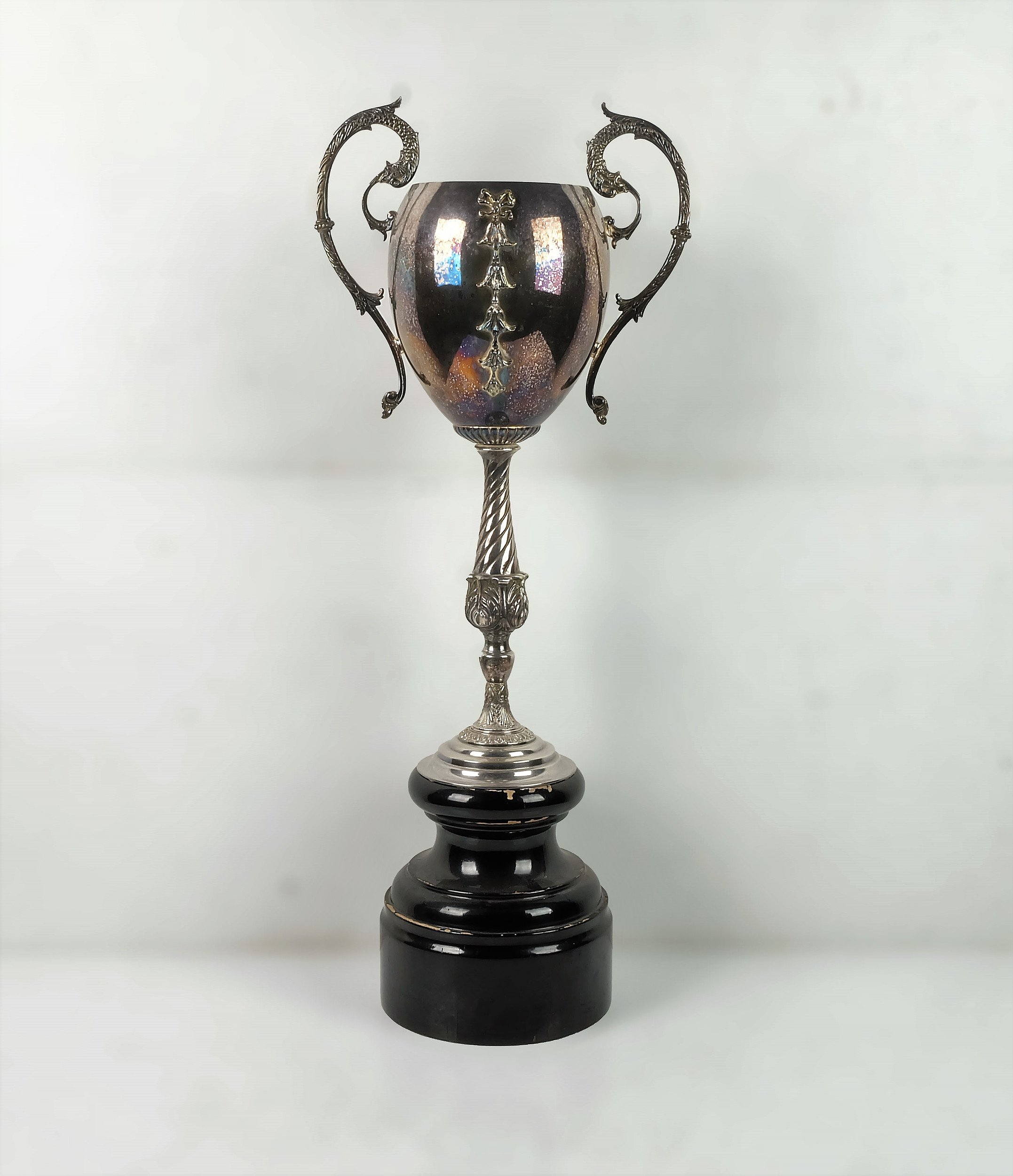 'Tall Vintage Silver Plated Trophy with Serpent Form Handles and Bow Detailing'