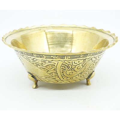 Chinese Footed Brass Bowl With Engraved Dragon Motif, Modern