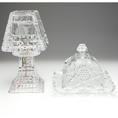 Sterling Silver Mounted Glass Candle Lantern, Moulded Glass Butter Dish, Table Lamp and Biscuit Barrel