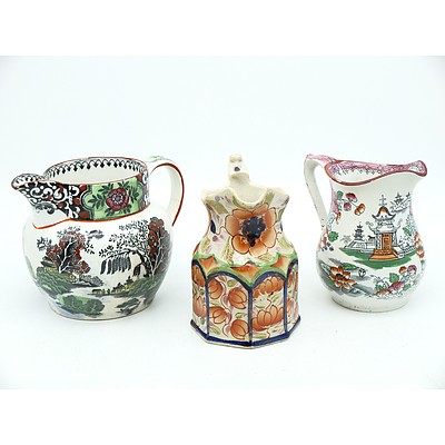 Three Antique English Ceramic Milk Jugs Including Gaudy Welsh