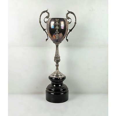 Tall Vintage Silver Plated Trophy with Serpent Form Handles and Bow Detailing