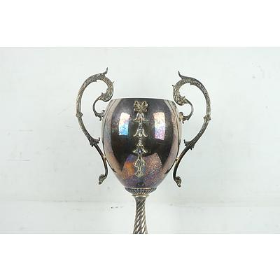 Tall Vintage Silver Plated Trophy with Serpent Form Handles and Bow Detailing