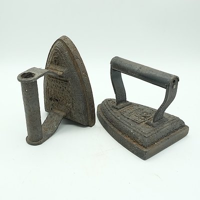 Two Antique Silvester Patent Cast Iron Irons