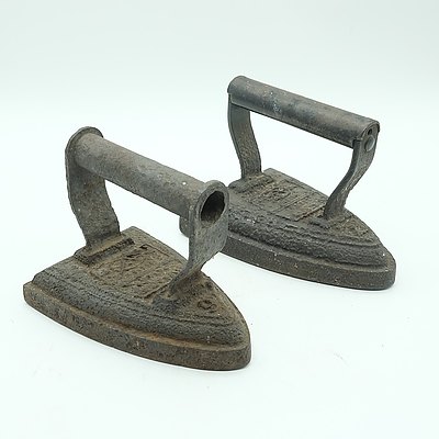 Two Antique Silvester Patent Cast Iron Irons