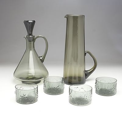 Group of Retro Smokey Glassware Including Tall Water Pitcher, Decanter and Four Dishes