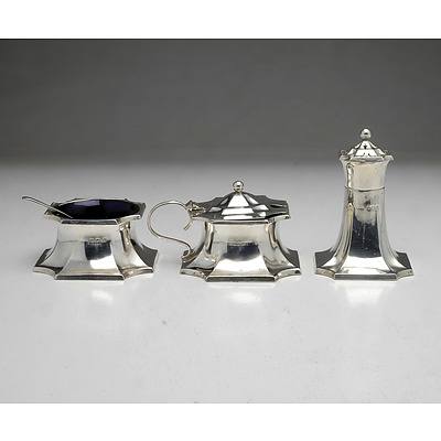 Sterling Silver Pepper Pot and Two Piece Condiment Set With Blue Glass Inserts, Including Birmingham I M Hutchfield 1936 171g
