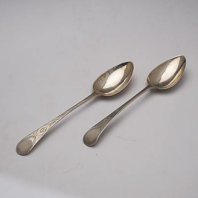 Pair George III Engraved and Bright Cut Sterling Silver Spoons, Exeter, Richard Ferris, 1796, 105g