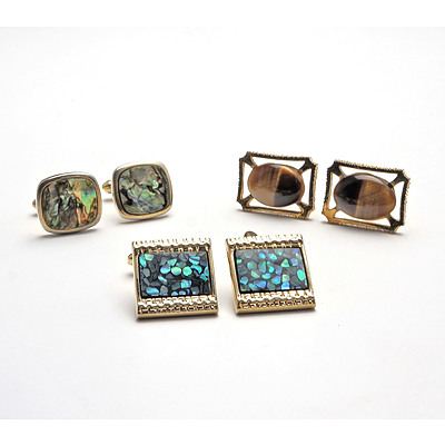 Three Pairs of Gents Cufflinks with Paua Shell and Tigers Eye