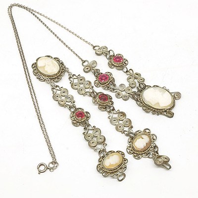 Silver Filigree, Bakelite and Pink Paste Bracelet and Necklace