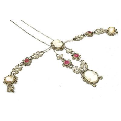 Silver Filigree, Bakelite and Pink Paste Bracelet and Necklace