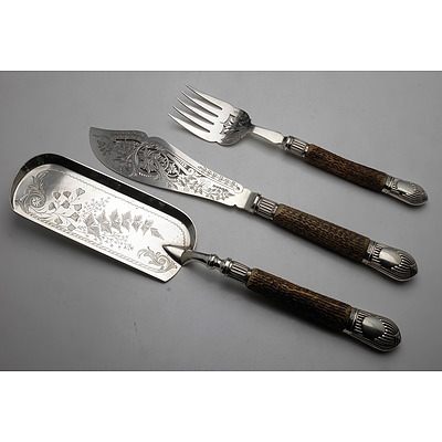 Three Piece Silver Plate, Antler and Sterling Silver Mounted Serving Set, Sheffield Harrison Brothers and Howson