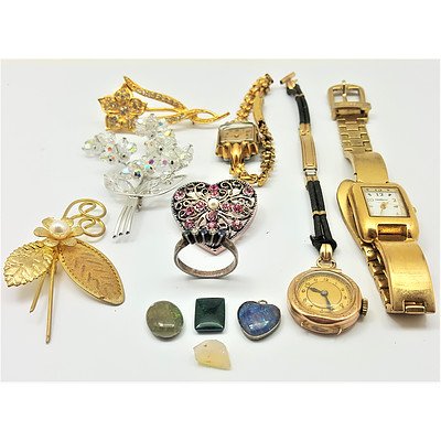 Assorted Vinatage Watches and Vintage Costume Jewellery - Including 9ct Yellow Gold Ladies Watch