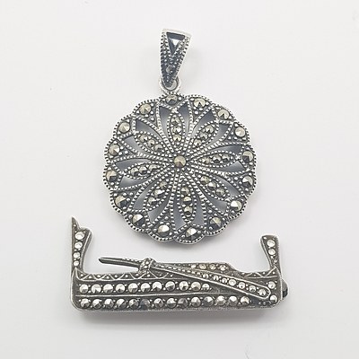 Vintage Sterling Silver Marcasite Brooch and Sterling Silver Marcasite Pendant