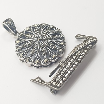 Vintage Sterling Silver Marcasite Brooch and Sterling Silver Marcasite Pendant