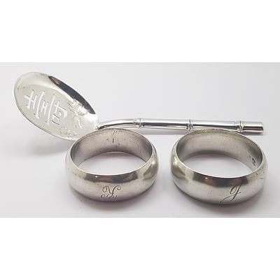 Pair of Sterling Silver Napkin Rings - Monogrammed and Sterling Silver Tea Strainer Spoon