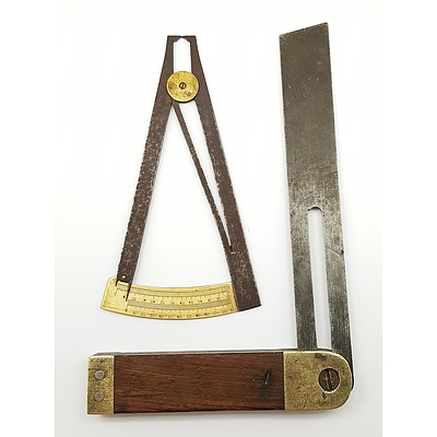 Vintage Tools - Brass and Hardwood Adjustable Square and Callipers
