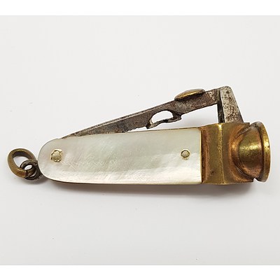 Antique Mother of Pearl and Brass Cheroot Cutter Fob Attachment