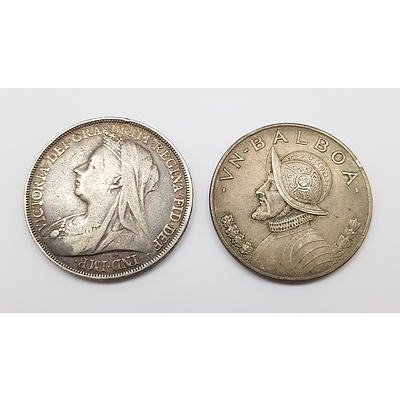 Two Silver World Coins: 1897 Crown and 1947 One Balboa