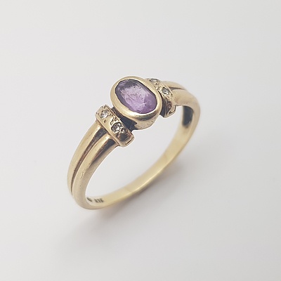 9ct Yellow Gold, Amethyst and Diamond Ring