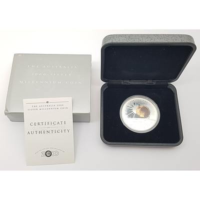 The Australian 2000 1oz Silver Millennium Dollar Coloured Proof Coin with Certificate of Authenticity