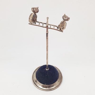 Edwardian Sterling Silver Hat Pin Stand - Cats on a Seesaw (moving parts), William Vale and Sons, Birmingham 1908, 63g