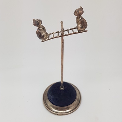 Edwardian Sterling Silver Hat Pin Stand - Cats on a Seesaw (moving parts), William Vale and Sons, Birmingham 1908, 63g