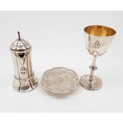 Victorian Sterling Silver Three Piece Holy Communion Travel Set Boxed in Plush Case- George Ivory, London 1848, 212g