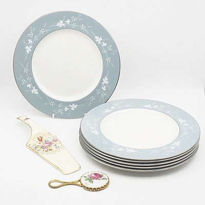 Six Royal Doulton Dinner Plates, Porcelain Cake Server and Limoges Hand Mirror