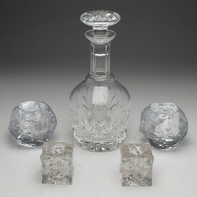 A Pair of Kosta Boda Ice Form Candle Holder, Cut Glass Decanter, Art Glass Vase and More