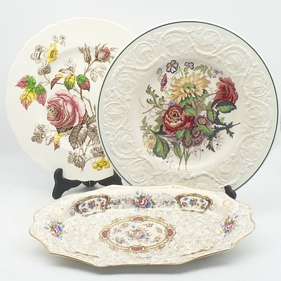 Three English Ware Floral Plates and Tray, including Wedgewood Patrician "Bognor," Alfred Meakin "Rosalie" and James Kent Longton "Pompadour"