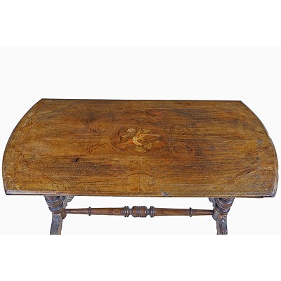 Victorian Walnut Loo Table with Marquetry Inlay Medallion of a Bird in Foliage, Circa 1880