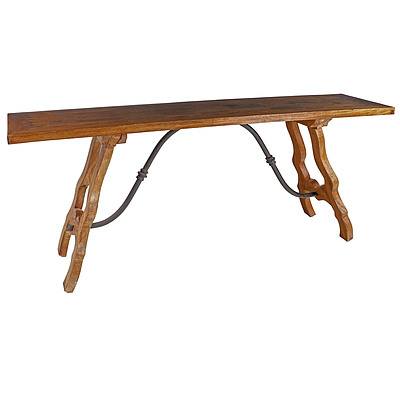 Reproduction Spanish Style Marquetry Top Long Hall Table with Parquetry Top and Iron Stretcher